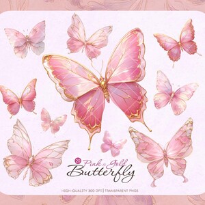 Pacote de clipart de borboleta rosa e dourada Gráficos românticos elegantes para adesivos, cartões, artesanato, convites, scrapbooking e uso comercial