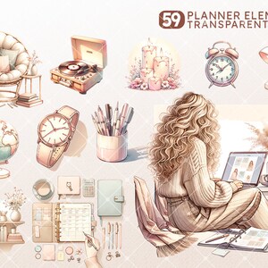 Puede incluir: Una ilustraci&oacute;n digital de una mujer trabajando en un escritorio con una computadora port&aacute;til, una agenda, un globo terr&aacute;queo, velas, un tocadiscos, un reloj, una l&aacute;mpara y un juego de bol&iacute;grafos. La ilustraci&oacute;n est&aacute; en una paleta de colores suaves y pastel y presenta una variedad de elementos de agenda.