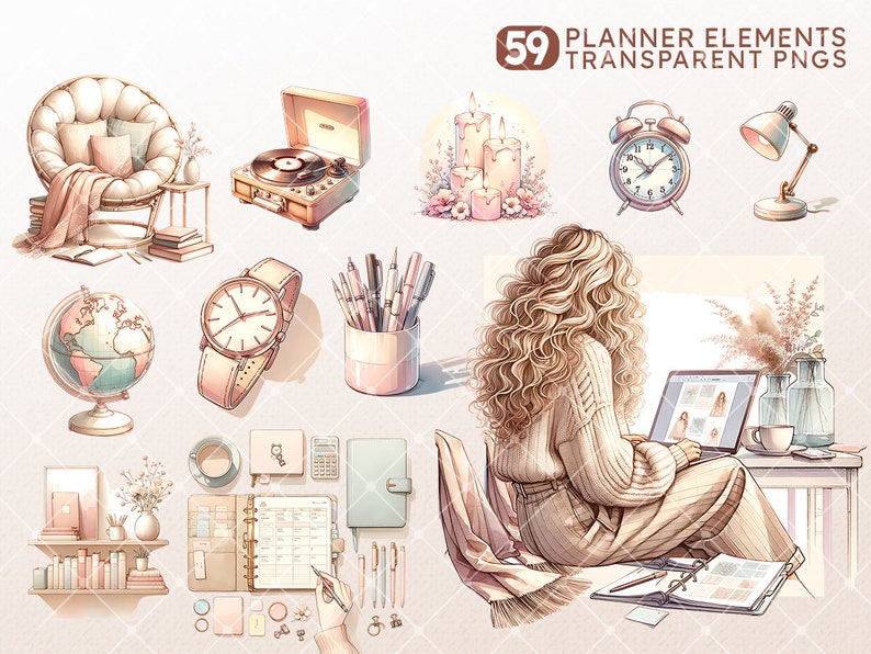 Puede incluir: Una ilustraci&oacute;n digital de una mujer trabajando en un escritorio con una computadora port&aacute;til, una agenda, un globo terr&aacute;queo, velas, un tocadiscos, un reloj, una l&aacute;mpara y un juego de bol&iacute;grafos. La ilustraci&oacute;n est&aacute; en una paleta de colores suaves y pastel y presenta una variedad de elementos de agenda.