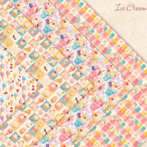 May include: A set of five digital paper designs featuring various ice cream treats, including cones, sundaes, and popsicles. The papers are in a pastel colour palette with a checkered pattern and feature cute cartoon illustrations.