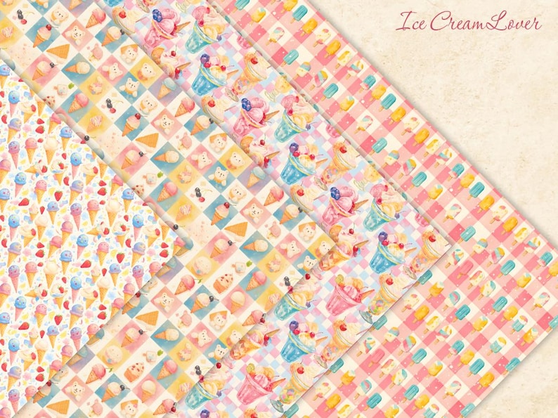 May include: A set of five digital paper designs featuring various ice cream treats, including cones, sundaes, and popsicles. The papers are in a pastel colour palette with a checkered pattern and feature cute cartoon illustrations.