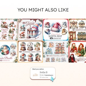 Pode incluir: Uma colagem digital de ilustra&ccedil;&otilde;es com tema natalino, incluindo um gnomo, um chap&eacute;u de Papai Noel, um globo de neve, uma casa de bonecas e uma menina de Natal. As ilustra&ccedil;&otilde;es s&atilde;o em estilo aquarela e apresentam uma variedade de cores, incluindo vermelho, verde, branco e dourado.