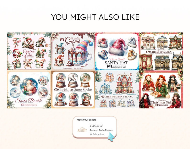 Pode incluir: Uma colagem digital de ilustra&ccedil;&otilde;es com tema natalino, incluindo um gnomo, um chap&eacute;u de Papai Noel, um globo de neve, uma casa de bonecas e uma menina de Natal. As ilustra&ccedil;&otilde;es s&atilde;o em estilo aquarela e apresentam uma variedade de cores, incluindo vermelho, verde, branco e dourado.