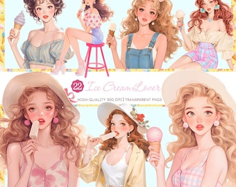 Ice Cream Girl Clipart: Kawaii Pastel Fashion PNG Bundle (Digital Stickers)