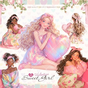 Valentine Pastel Sweetheart girl Clipart Bundle, Garota romântica, Kawaii, Almofada em forma de coração, Faça você mesmo, Diários, Artesanato, Adesivos, Scrapbooking
