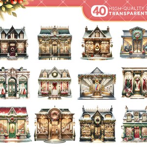 Pode incluir: Um conjunto de 40 ilustra&ccedil;&otilde;es digitais de fachadas de lojas de Natal. Cada edif&iacute;cio &eacute; decorado com vegeta&ccedil;&atilde;o festiva, luzes e ornamentos. Os edif&iacute;cios s&atilde;o de v&aacute;rios estilos, incluindo vitoriano, Tudor e moderno. As ilustra&ccedil;&otilde;es s&atilde;o perfeitas para criar designs, cart&otilde;es e convites com tema natalino.