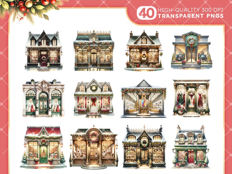 Pode incluir: Um conjunto de 40 ilustra&ccedil;&otilde;es digitais de fachadas de lojas de Natal. Cada edif&iacute;cio &eacute; decorado com vegeta&ccedil;&atilde;o festiva, luzes e ornamentos. Os edif&iacute;cios s&atilde;o de v&aacute;rios estilos, incluindo vitoriano, Tudor e moderno. As ilustra&ccedil;&otilde;es s&atilde;o perfeitas para criar designs, cart&otilde;es e convites com tema natalino.