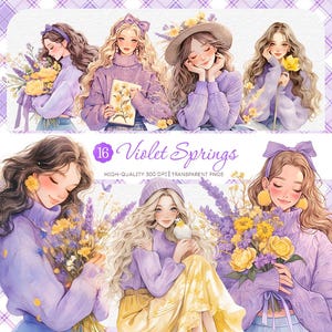 Violet Springs Clipart Bundle, Soft Pastel Girl PNG, Lawendowe Kwiatowe Estetyczne Naklejki, Wiosenna Akwarela Clipart, Cottagecore Art