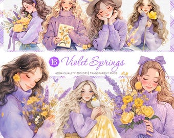 Violet Springs Clipart Bundle: Watercolor Girls, Lavender Florals (PNG)