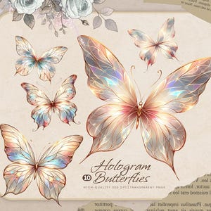 Witte hologram vlinder clipartbundel, elegante vlinder png, scrapbooking, junk journal, ambachten, journalin, afdrukbare stickers commercieel