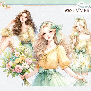 Puede incluir: Tres ilustraciones de mujeres con vestidos de verano. La mujer de la izquierda lleva un vestido amarillo floral con una falda verde. La mujer del centro lleva una blusa amarilla con una falda verde y un gran lazo. La mujer de la derecha lleva un vestido amarillo floral con una falda verde y un lazo verde. El texto "Sweet Summer Girl" est&aacute; en la esquina superior derecha de la imagen.