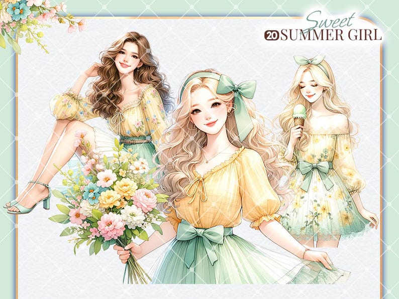 Puede incluir: Tres ilustraciones de mujeres con vestidos de verano. La mujer de la izquierda lleva un vestido amarillo floral con una falda verde. La mujer del centro lleva una blusa amarilla con una falda verde y un gran lazo. La mujer de la derecha lleva un vestido amarillo floral con una falda verde y un lazo verde. El texto "Sweet Summer Girl" est&aacute; en la esquina superior derecha de la imagen.