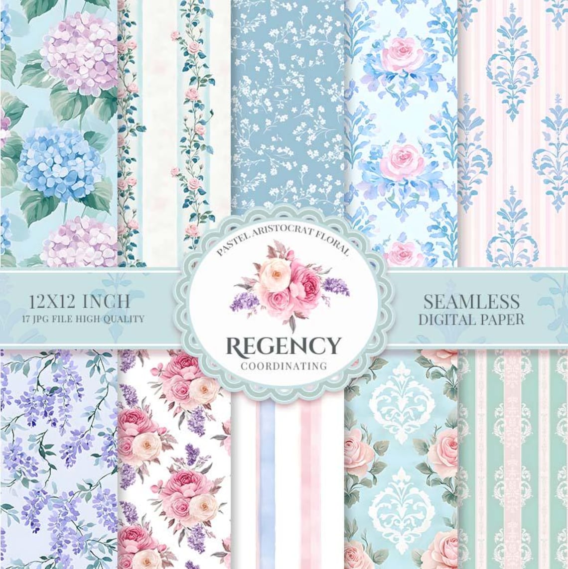 Regency Paper Regency Floral Digital Paper, Pastel Vintage Pattern, Seamless English ...