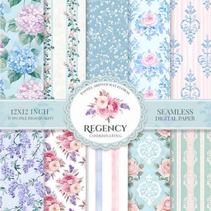 May include: A collection of seamless digital papers with floral and damask patterns. Designs include hydrangeas, roses, and wisteria in pastel shades of blue, pink, and lavender. The papers are 12x12 inches and high-quality.