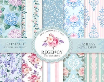 Regency Floral Digital Paper, Pastel Vintage Pattern, Seamless English Garden Background(17 JPG)