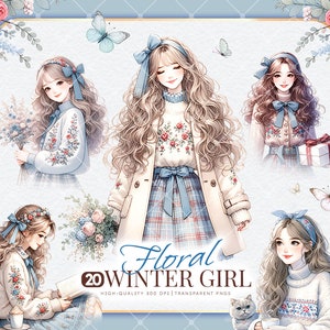 Aquarel bloemen winter kawaii meisje clipart bundel, winter clipart, pastel bloemen, winter schoonheid, gezellige winter, witte trui meisje, bloem, png