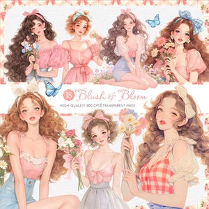 Paquete de imágenes prediseñadas de niña de flores de primavera, niña en tonos pastel suaves PNG, pegatinas estéticas florales de acuarela, arte cottagecore femenino, Pascua de primavera PNG