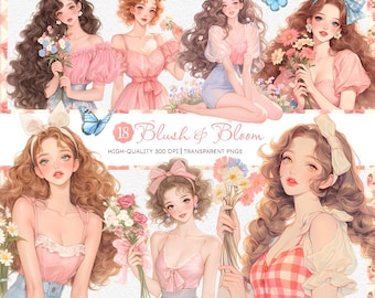 May include: A set of 18 digital illustrations featuring cute girls with flowers and bows. The illustrations are in a soft, pastel color palette and have a whimsical, romantic feel. The text "Blush & Bloom" is included in the image.