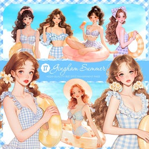 Gingham Summer Girl Clipart Bundle, Blue Plaid Swimsuit PNG, Floatie Girl Clipart, Coquette Aesthetic Clipart, High Quality Transparent PNG