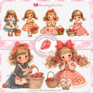 Jolie fille avec un panier de fraises Clipart Bundle, la Saint-Valentin PNG, images vintage esthétiques, chambre de bébé et baby shower, création numérique en papier