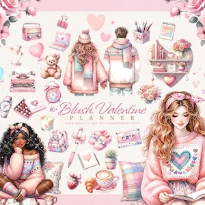 Valentine&#39;s Day Planner Clipart Bundle, Romantic, Cozy Love Couple, Pink Pastel, Kawaii, Romantic, Journalling PNG, Printable Commercial use