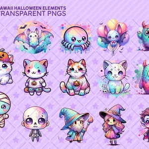 Watercolor Kawaii Halloween Clipart Bundle, Pastel PNG Graphics (Digital Download) image 3