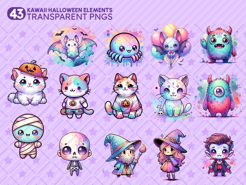 Watercolor Kawaii Halloween Clipart Bundle, Pastel PNG Graphics (Digital Download) image 3