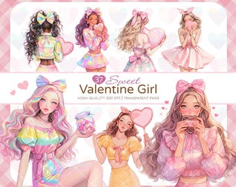 37 Sweet Valentine Girl Clipart Bundle, Kawaii, Pastel Cute, Romantic Love Graphic, Stickers, Valentine’s Day Prints, Crafts, Commercial Use