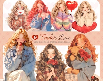 Tender Love Clipart Bundle, Cute Valentine Girls, Romantic Elements, Roses, Hearts, Teddy Bears, Transparent PNGs, DIY Crafts, Digital Art