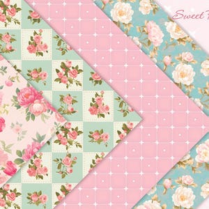 May include: Four different floral patterned papers with a pink and green color scheme. The papers feature a variety of floral designs, including peonies, roses, and other flowers. The text "Sweet Peony" is printed in the top right corner of the image.
