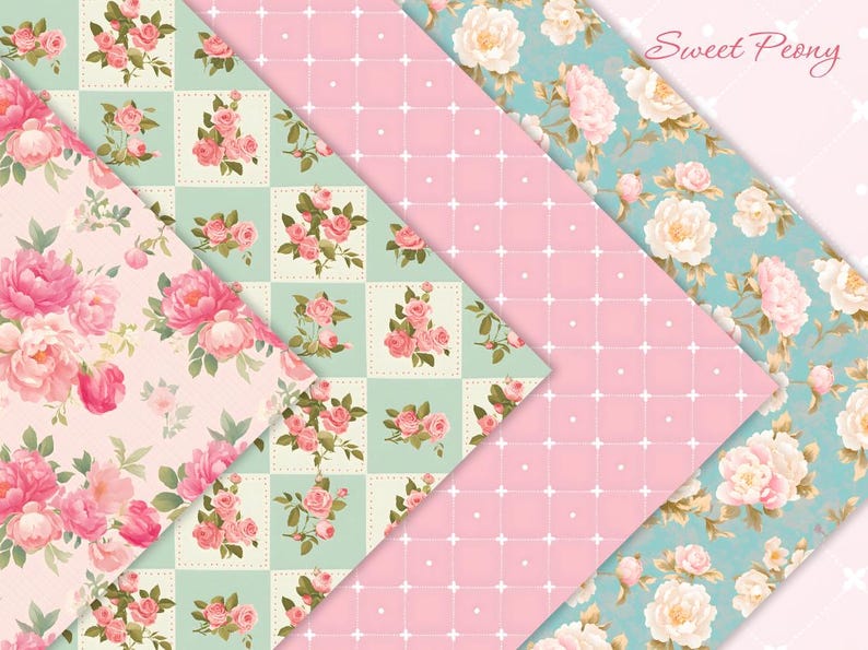 May include: Four different floral patterned papers with a pink and green color scheme. The papers feature a variety of floral designs, including peonies, roses, and other flowers. The text "Sweet Peony" is printed in the top right corner of the image.