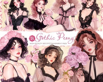 Gothic Peony Clipart PNG Bundle: Dark Academia Ephemera (Digital Download)