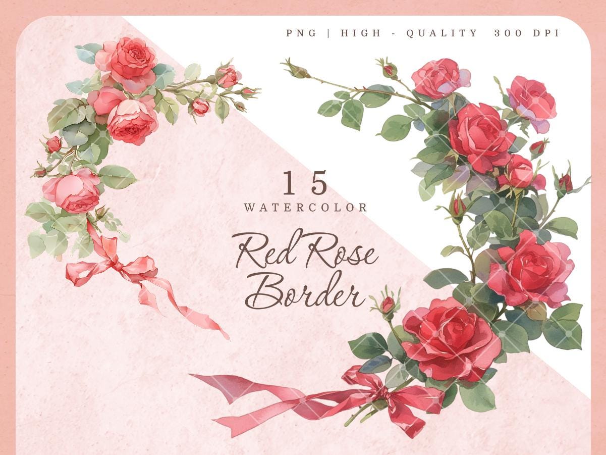 Watercolor Red Rose Border Clipart: Coquette Bow Floral PNG (digital ...
