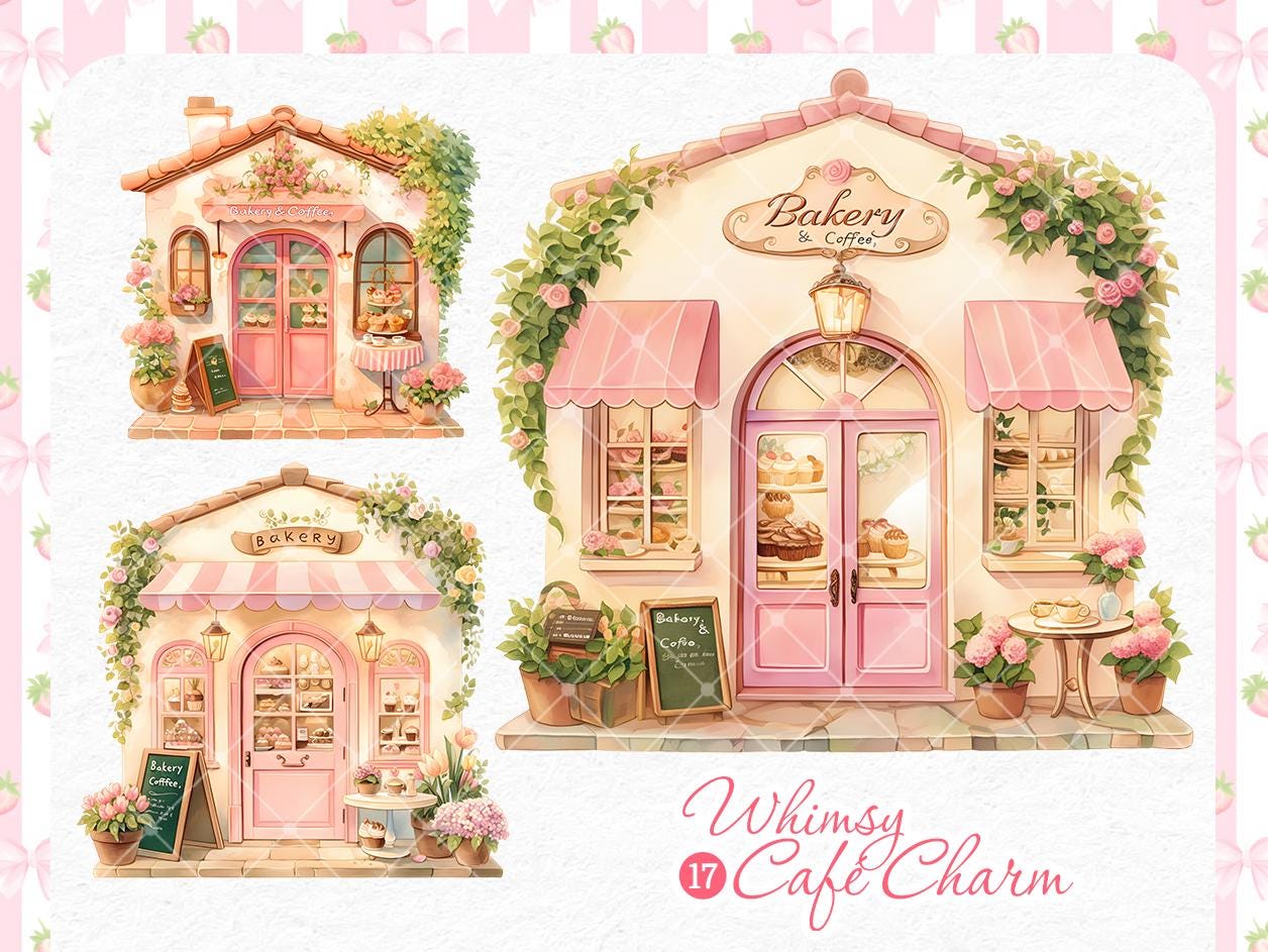 Whimsy Pink Cafe Clipart Bundle: Cottagecore Bakery Pngs (commercial ...
