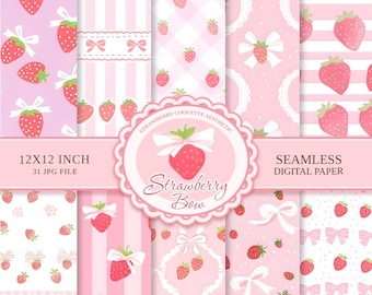 Papel digital Strawberry Coquette: Patrón de lazo de cuadros vichy rosas (Descarga digital)