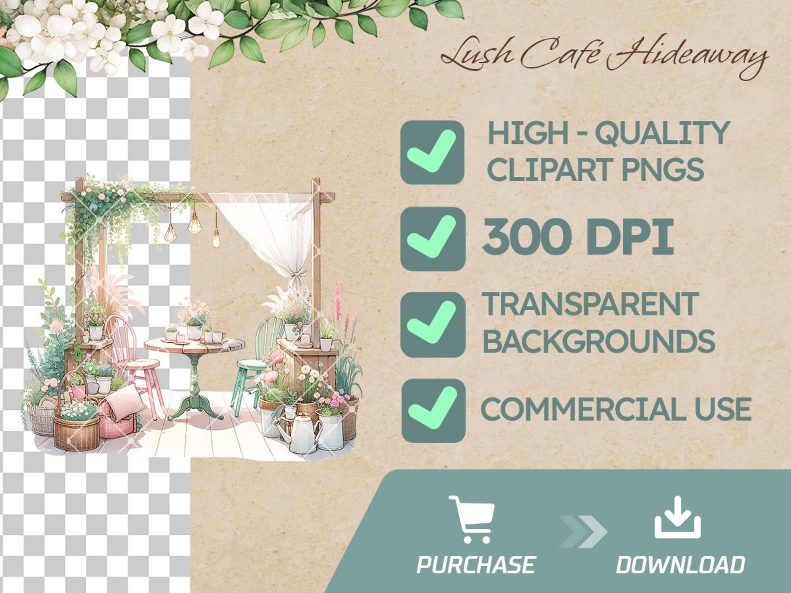 Cottagecore Cafe Clipart Bundle: Watercolor Florals, Rustic Decor (PNG ...