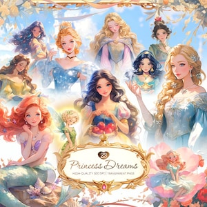 May include: A digital illustration of 23 princesses in various poses and outfits. The princesses are all depicted with long flowing hair and are wearing dresses in shades of blue, pink, yellow, and green. The image is set against a background of flowers and clouds. The text "Princess Dreams" is written in a decorative font at the bottom of the image.