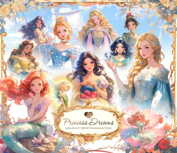 Fairytale Princess Clipart Bundle: Elegant PNG Graphics (Digital Download)