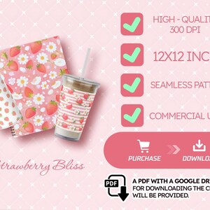 May include: A digital download of a seamless pattern featuring strawberries and white flowers on a pink background. The pattern is 12 inches by 12 inches and is 300 DPI. It is available for commercial use.