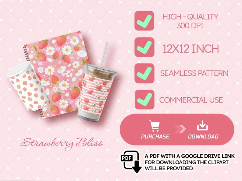 May include: A digital download of a seamless pattern featuring strawberries and white flowers on a pink background. The pattern is 12 inches by 12 inches and is 300 DPI. It is available for commercial use.