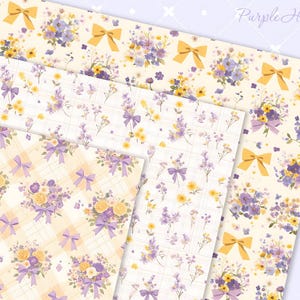 May include: Three digital paper designs featuring a floral pattern with purple and yellow flowers, green leaves, and yellow bows. The text "Purple Harmony" is at the top of the image.