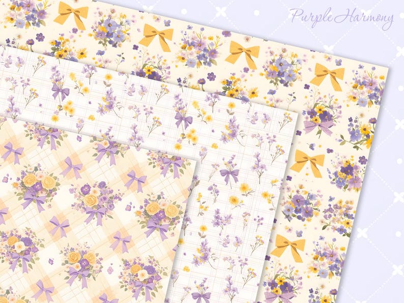May include: Three digital paper designs featuring a floral pattern with purple and yellow flowers, green leaves, and yellow bows. The text "Purple Harmony" is at the top of the image.