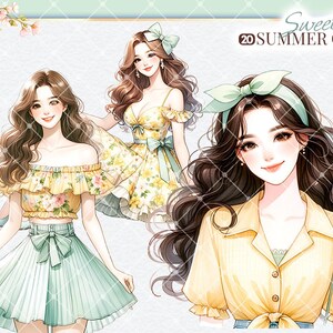 Puede incluir: Ilustraci&oacute;n de tres mujeres con cabello largo y casta&ntilde;o que llevan vestidos de verano. Las mujeres llevan vestidos florales amarillos y verdes con lazos. El texto "Sweet Summer Girl" est&aacute; escrito en la esquina superior derecha de la imagen.