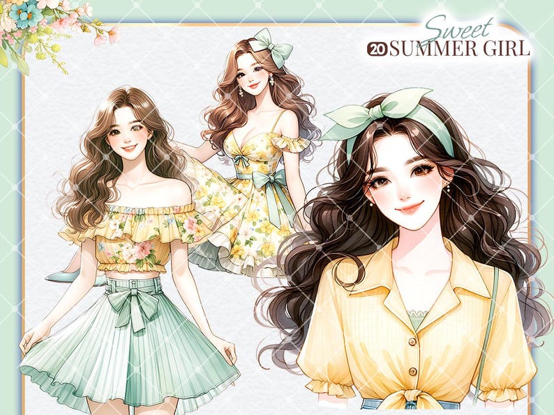 Puede incluir: Ilustraci&oacute;n de tres mujeres con cabello largo y casta&ntilde;o que llevan vestidos de verano. Las mujeres llevan vestidos florales amarillos y verdes con lazos. El texto "Sweet Summer Girl" est&aacute; escrito en la esquina superior derecha de la imagen.