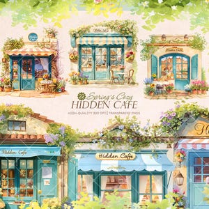 22 Spring's Cosy Hidden Cafe clipartbundel | Grillige aquarel lentecafé-illustraties voor doe-het-zelfprojecten, scrapbooking en kaarten maken
