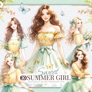 Paquete de imágenes prediseñadas de chica de verano con flores, atuendo amarillo y verde menta, lazo coqueto, lindo arte de acuarela kawaii, flor, pegatina de diario vintage