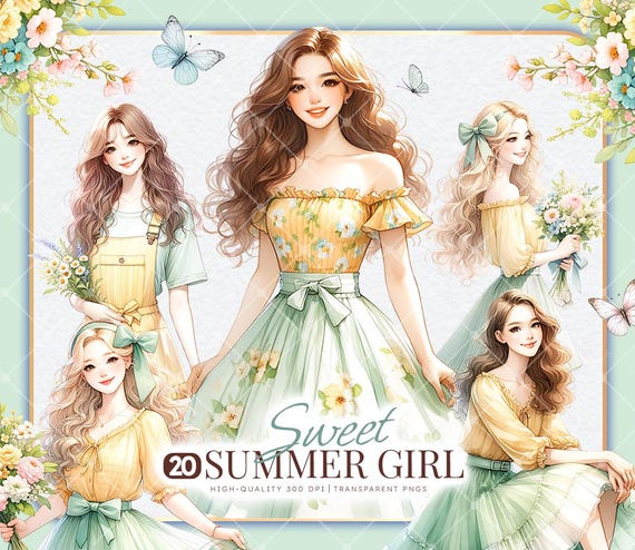Floral Summer Girl Clipart Bundle: Watercolor Coquette Art (Digital Download)