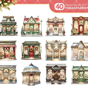 Pode incluir: Conjunto de 40 ilustra&ccedil;&otilde;es digitais de fachadas de lojas de Natal. Cada loja tem um design &uacute;nico com decora&ccedil;&otilde;es festivas, incluindo coroas, guirlandas e neve. As lojas s&atilde;o pintadas em uma variedade de cores, incluindo vermelho, verde e branco.