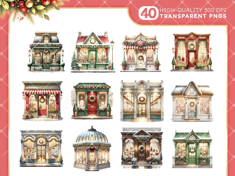 Pode incluir: Conjunto de 40 ilustra&ccedil;&otilde;es digitais de fachadas de lojas de Natal. Cada loja tem um design &uacute;nico com decora&ccedil;&otilde;es festivas, incluindo coroas, guirlandas e neve. As lojas s&atilde;o pintadas em uma variedade de cores, incluindo vermelho, verde e branco.
