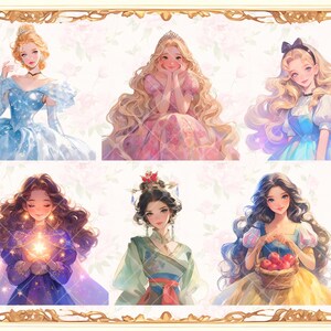 May include: A digital illustration of six princesses in various poses. The princesses are wearing colorful dresses and have long flowing hair. The background is a soft pink with white flowers.